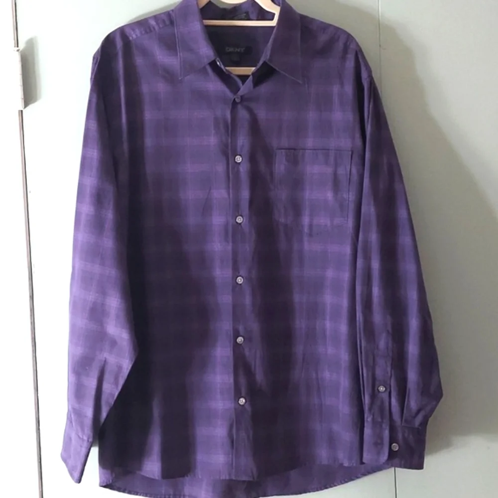 DKNY Mens Purple print Button Down Casual dress L/S SHirt Sz L